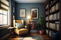 Create a Cozy Reading Nook in Your Office with Comfy Chair, Lamp, Bookcase, and Warm Room Colors Enhanced by Natural Daylight.