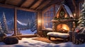 Create a cozy winter cabin, nestled in a snowy forest, with a crackling fireplace, warm blankets, and a starry night outside