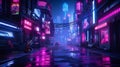 Create a cyberpunk-inspired luxury neon bedroom with neon signs, holographic projections, and an edgy, urban atmosphere