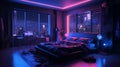 Create a cyberpunk-inspired luxury neon bedroom with neon signs, holographic projections, and an edgy, urban atmosphere