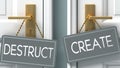 Create or destruct as a choice in life - pictured as words destruct, create on doors to show that destruct and create are Royalty Free Stock Photo