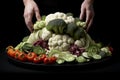 Fresh assorted vegetables on black plate against dark background with female hands holding it