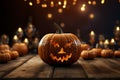 Create eerie presentations on a wooden table with a Halloween pumpkin