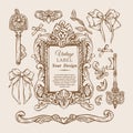 Elegant Vintage Frame Vector, Wedding Invitation, Heart, Keys, Ribbon Bow