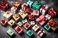 Create an enchanting top view showcasing a collection of nine beautifully wrapped gift boxes, each with its unique color and shape