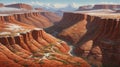 A Create a high-resolution aerial view of a rugged, mountainous landscape