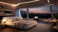Create a high-tech luxury bedroom with smart home features, such as automated lighting, a retractable TV, and a futuristic sleep