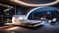 Create a high-tech luxury bedroom with smart home features, such as automated lighting, a retractable TV, and a futuristic sleep