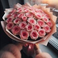 Create an image bouquet of many Red roses in wrapping paper, 100, for Instagram, high sharpness, ultra-sharp image.