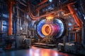 Create an image of a cutting-edge fusion reactor interior, showcasing the complex machinery and superheated plasm Royalty Free Stock Photo
