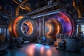 An image of a cutting-edge fusion reactor interior, showcasing the complex machinery and superheated plasma with vibrant