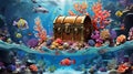 Create an image of an enchanting underwater world with colorful coral reefs, exotic fish, and a hidden treasure chest on the ocean