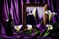 An image featuring a sleek, dark bottle of skincare liquid next to a photo frame, with a backdrop of elegant calla lilies