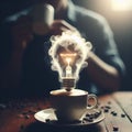 hot coffee with a faint light bulb. floating on top Coffee concept helps create ideas