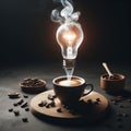 hot coffee with a faint light bulb. floating on top Coffee concept helps create ideas