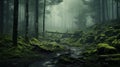 Create an image of a misty, moss-covered