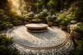 Create an image of a mosaic podium in a serene garden setting,