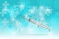 Create image a syringe on the world map and abstract geometric medical cross shape medicine and science concept cyan background.