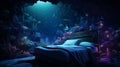 Create an immersive underwater cave luxury neon bedroom with bioluminescent sea creatures, neon coral, and a bed surrounded by a