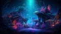 Create an immersive underwater cave luxury neon bedroom with bioluminescent sea creatures, neon coral, and a bed surrounded by a