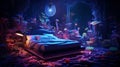 Create an immersive underwater cave luxury neon bedroom with bioluminescent sea creatures, neon coral, and a bed surrounded by a