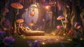 bedroom with a 3D background view of an enchanted woodland filled with fairies, fireflies