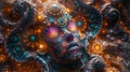 Create a mesmerizing DMT-inspired digital piece with intricate details and psychedelic colors, featuring geometric patterns and