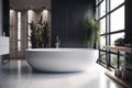 Create a minimalist and functional bathroom with a sleek freestanding bathtub
