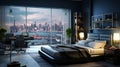 bedroom with a 3D background view of a bustling port, recognizing the hard work of those