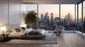 Create a modern and sleek luxury bedroom with floor-to-ceiling windows, minimalist furnishings, and breathtaking city skyline