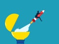 Create new ideas. Imagination or content writing. Businessman riding a pencil rocket from turning on a light bulb Royalty Free Stock Photo