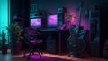 Create an office for me with a desk and a computer, a flower pot, a guitar, neon ambiance