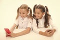 Create online web blog. Follow social networks. Blogger school. Educational application. Schoolgirls smartphones surfing