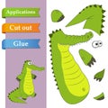 Create paper application the cartoon fun Alligator. Use scissors cut parts of Crocodile and glue on the paper. Education game