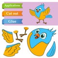 Create paper application the cartoon fun Bird. Use scissors cut parts of Parrot and glue on the paper. Education logic game