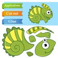 Create paper application the cartoon fun Chameleon. Use scissors cut parts of Lizard and glue on paper. Education logic game Royalty Free Stock Photo