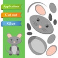 Create paper application the cartoon fun Mouse. Use scissors cut parts Rat and glue on the paper. Education logic game Royalty Free Stock Photo