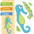 Create paper application the cartoon funny Sea Horse. Use scissors cut parts of Fish and glue on paper. Education logic game