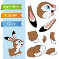 Create paper application of cartoon smiling Hare with long ears. Use scissors cut parts of rabbit and glue on paper. Education