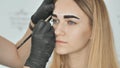 Create permanent eyebrow makeup. Eyebrow dyeing. Face close-up