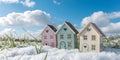 Create photorealistic image of a row of miniature wooden houses set against a backdrop of a clear blue and white cloud sky