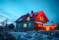 Create photorealistic image of a row of miniature wooden houses set against a backdrop of a clear blue and white cloud sky