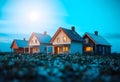 Create photorealistic image of a row of miniature wooden houses set against a backdrop of a clear blue and white cloud sky