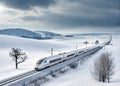 Create a photorealistic image of a sleek, silver high-speed train traversing a pristine, snow-covered landscape Royalty Free Stock Photo