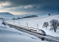 Create a photorealistic image of a sleek, silver high-speed train traversing a pristine, snow-covered landscape Royalty Free Stock Photo