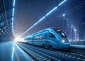 Create a photorealistic image of a sleek, silver high-speed train traversing a pristine, snow-covered landscape Royalty Free Stock Photo