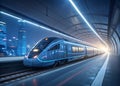 Create a photorealistic image of a sleek, silver high-speed train traversing a pristine, snow-covered landscape Royalty Free Stock Photo