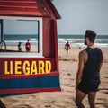 Create a portrait of a lifeguard watching attentively over a crowded beach2