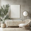 Create a poster frame mock-up in a modern interior setting, featuring a living room with a contemporary design, using 3D Royalty Free Stock Photo