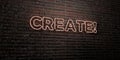 CREATE! -Realistic Neon Sign on Brick Wall background - 3D rendered royalty free stock image